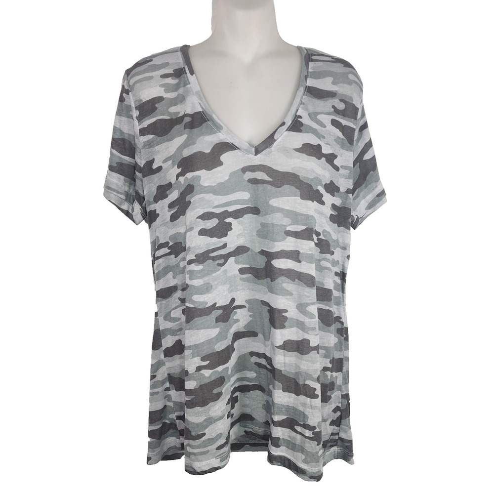 Lucky Brand Womens T-Shirt Size Large Camouflage Print V Neck Short Sleeve Gray